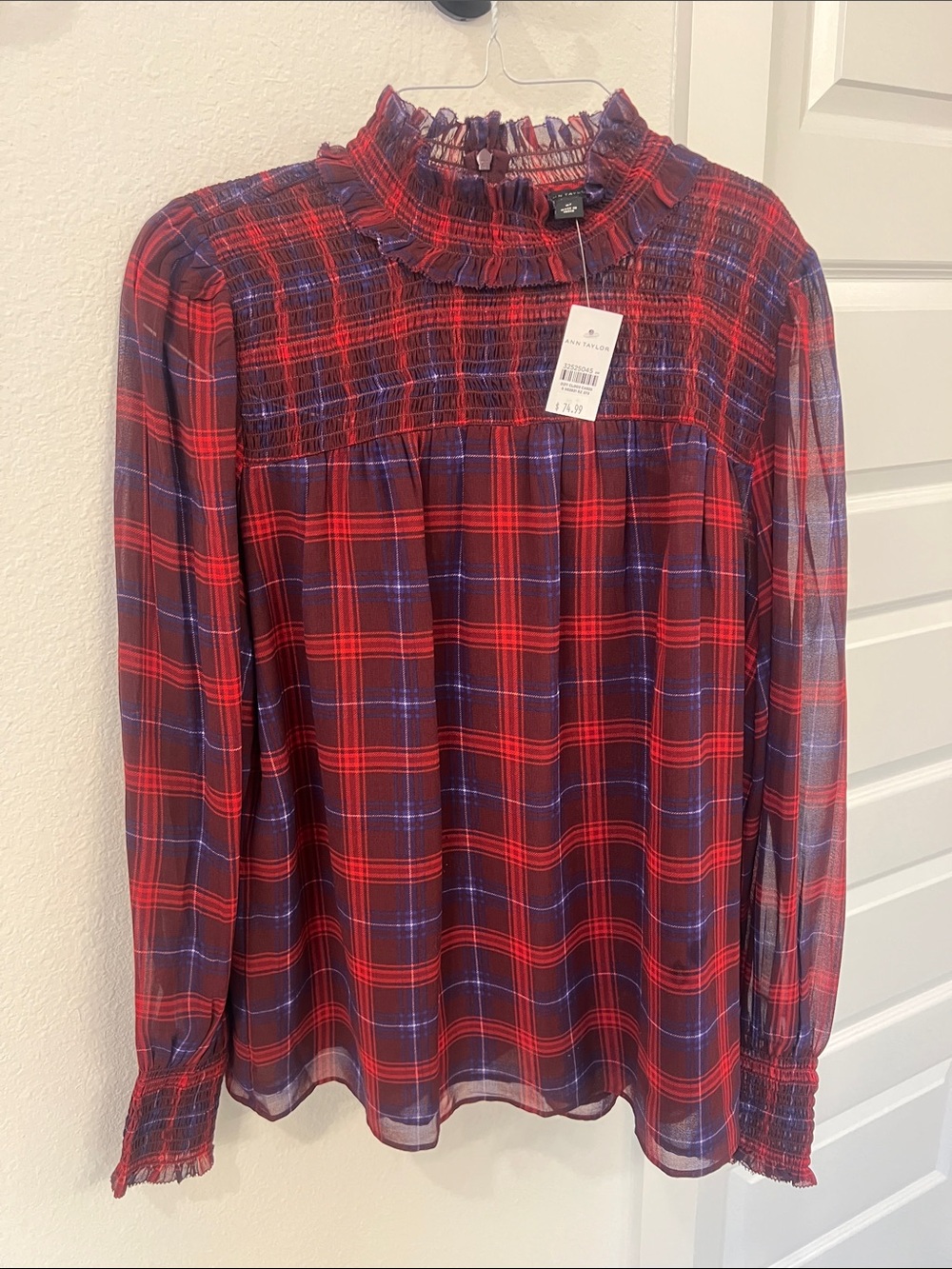 Ann Taylor Red Plaid Smocked Ruffle Neck Blouse
